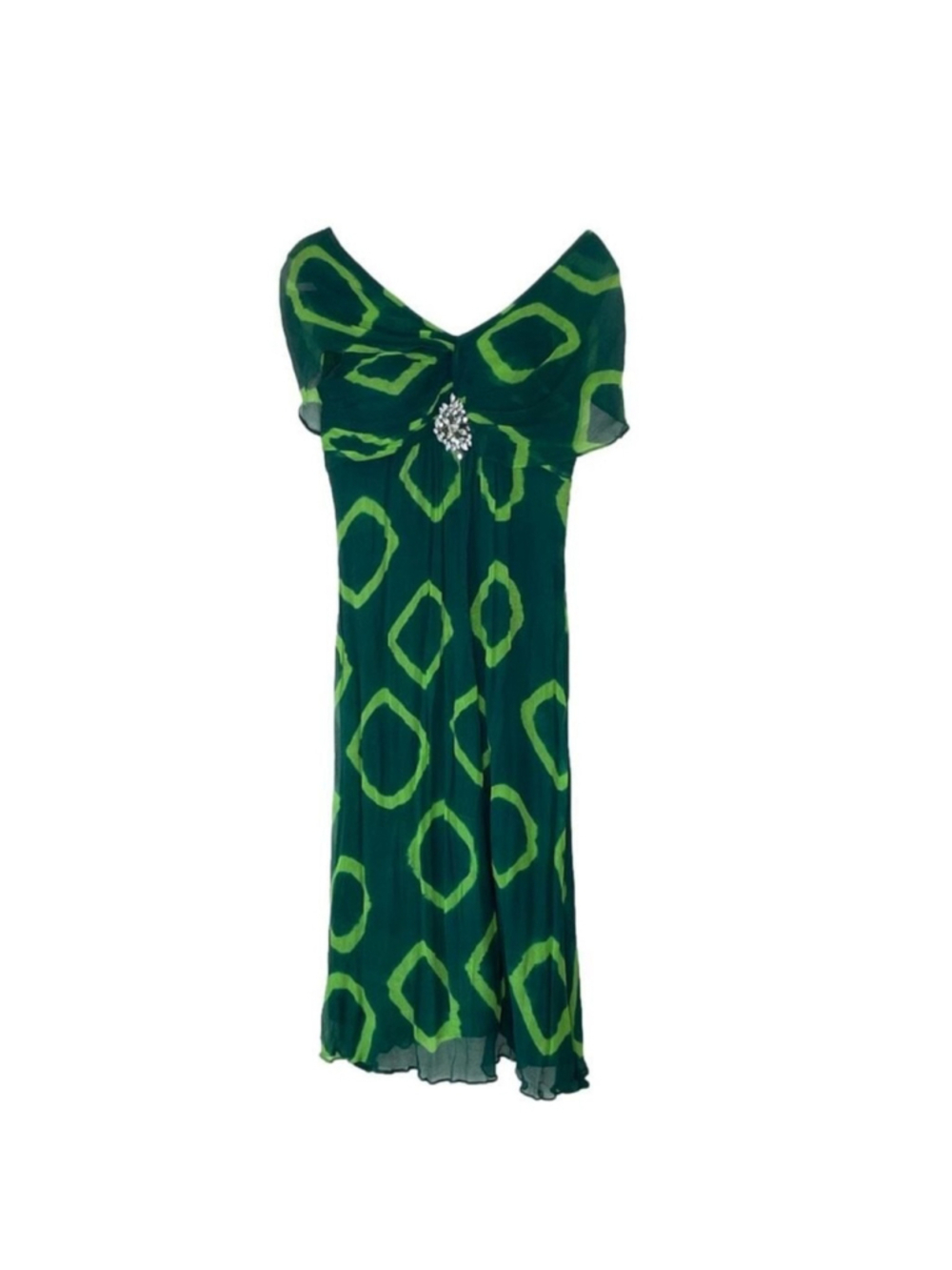 YusY Silk Geometric Print Dress Rhinestone Short Sleeve Aline Size Small